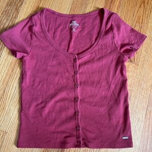 Hollister Women's Burgundy Button-Up baby tee